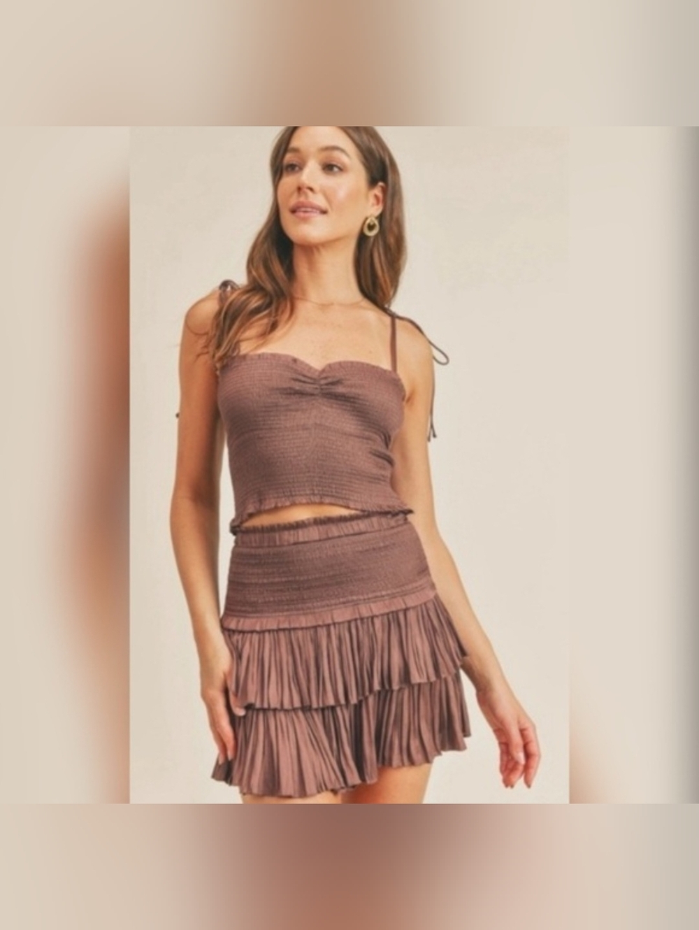 Entire Set!! Smocked Ruffle Mini Skirt & Adjustable Spaghetti Strap Crop Top!!